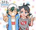  2boys antenna_hair arm_around_shoulder ash_ketchum bangs black_hair blue_eyes blue_jacket clenched_teeth closed_eyes goh_(pokemon) green_hair hair_between_eyes hand_up jacket light_blush looking_at_another male_focus multiple_boys number open_mouth pokemon pokemon_(anime) pokemon_swsh_(anime) shirt short_sleeves sleeveless sleeveless_jacket smile star_(symbol) sweatdrop t-shirt teeth tsukimiru v white_shirt 