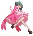  1girl ahoge apron bloomers dress fang flower frills full_body green_hair hair_flower hair_ornament horhor87 macross macross_frontier nail_polish open_mouth pink_dress pink_nails ranka_lee red_eyes short_hair smile solo underwear upskirt uta_macross_sumaho_deculture wavy_hair 