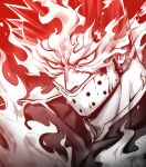  1boy absurdres angry blood bodysuit boku_no_hero_academia face fire frown greyscale helen_roro highres male_focus mask mature_male monochrome mouth_mask muscular muscular_male portrait red_theme short_hair sideburns solo spiky_hair todoroki_enji 