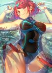  1girl armpits arms_up artist_name ass_visible_through_thighs bangs black_swimsuit blush breasts casual_one-piece_swimsuit closed_mouth cowboy_shot day eyebrows_visible_through_hair large_breasts looking_at_viewer lying neon_trim on_back one-piece_swimsuit partially_submerged pyra_(xenoblade) red_eyes redhead shallow_water short_hair smile solo sunlight swept_bangs swimsuit sydus thigh_gap thighs tiara water xenoblade_chronicles_(series) xenoblade_chronicles_2 
