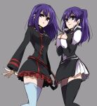  2girls bangs black_legwear black_order_uniform blue_legwear breasts closed_mouth d.gray-man grey_background hair_between_eyes layered_skirt lenalee_lee long_hair long_sleeves looking_at_viewer medium_breasts miniskirt multiple_girls parted_lips pleated_skirt purple_hair red_skirt shiny shiny_hair shumiko_(kamenokoueki) simple_background sketch skirt standing thigh-highs twintails violet_eyes zettai_ryouiki 