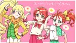  3girls :d :p alice_peperoncino anzai_tokiwa arm_up blazer blonde_hair blouse bow brown_eyes buttons clenched_hand closed_mouth collar crossover double-breasted drill_hair eyebrows_visible_through_hair fairouz_ai fist_pump green_belt green_eyes green_sailor_collar green_shirt green_skirt grin hair_bow hair_strand half_updo hand_on_hip heart heart_in_eye hizirinne ichigo_junior_high_uniform jacket kiratto_pri_chan long_hair long_sleeves mewkledreamy multiple_girls natsuumi_manatsu one_eye_closed one_side_up open_mouth orange_hair pink_background pink_eyes precure pretty_(series) raised_fist red_bow red_button redhead round_teeth sailor_collar scarf school_uniform seiyuu_connection shirt short_hair short_sleeves side_ponytail simple_background single_stripe skirt smile speech_bubble spoken_heart spoken_star spoken_sun star_(symbol) star_in_eye summer_uniform symbol_in_eye teeth tehepero thick_eyebrows tongue tongue_out translated tropical-rouge!_precure upper_body upper_teeth very_long_hair white_blouse white_collar white_skirt yellow_bow yellow_jacket yellow_scarf yellow_stripe 