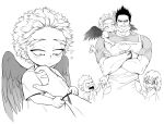  1girl 3boys absurdres apron blush boku_no_hero_academia character_request child cropped_legs crossed_arms facial_hair feathers floral_print frown greyscale hawks_(boku_no_hero_academia) helen_roro highres male_focus mature_male monochrome multiple_boys muscular muscular_male pectorals short_hair sideburns spiky_hair stubble time_paradox todoroki_enji 