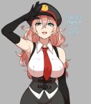  1girl 2021 agawa_ryou arm_up armpits artist_name bare_shoulders black_gloves commentary dated elbow_gloves gloves green_eyes grey_background hat long_hair looking_at_viewer necktie open_mouth original pink_hair red_neckwear signature simple_background smile solo wide_hips 