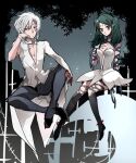  2girls allen_walker bangs black_legwear black_pants black_ribbon brown_eyes cosplay d.gray-man dress green_hair grey_background lenalee_lee long_hair multiple_girls pants ribbon road_kamelot road_kamelot_(cosplay) shiny shiny_hair short_dress shumiko_(kamenokoueki) silver_hair single_sleeve sleeveless sleeveless_dress strapless strapless_dress swept_bangs thigh-highs torn_clothes torn_legwear twintails tyki_mikk tyki_mikk_(cosplay) white_dress 