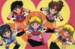  1990s_(style) 5girls aino_minako bangs bishoujo_senshi_sailor_moon black_eyes black_hair blonde_hair blue_eyes blue_hair boots brown_hair double_bun elbow_gloves gloves green_eyes hair_bobbles hair_ornament hands_on_hips high_ponytail hino_rei inner_senshi kino_makoto knee_boots leotard long_hair looking_at_viewer miniskirt mizuno_ami multiple_girls official_art pleated_skirt retro_artstyle sailor_jupiter sailor_mars sailor_mercury sailor_moon sailor_senshi sailor_senshi_uniform sailor_venus short_hair skirt smile standing strappy_heels tiara tsukino_usagi twintails 