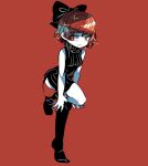  1girl alternate_costume black_bow black_dress black_legwear bow breasts commentary_request dress full_body hair_bow looking_at_viewer medium_breasts red_background red_eyes redhead ribbed_dress sekibanki short_hair sleeveless sleeveless_dress solo sparkle standing standing_on_one_leg touhou yt_(wai-tei) 