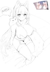  1girl absurdres animal_ear_fluff animal_ears bra breasts bridal_gauntlets cat curvy expressionless eyelashes fox_ears fox_tail from_above garter_straps highres large_breasts lineart long_hair monochrome original panties sitting sogogistew tail thigh-highs underwear underwear_only very_long_hair 