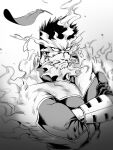  1boy absurdres beard boku_no_hero_academia couple crossed_arms facial_hair feathers fiery_hair fire greyscale hawks_(boku_no_hero_academia) helen_roro highres large_pectorals looking_up male_focus mature_male monochrome multiple_boys muscular muscular_male short_hair sideburns solo spiky_hair stubble todoroki_enji upper_body 