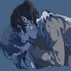  2girls black_hair blue_background blue_hair blue_neckwear blue_sailor_collar blush brown_shirt closed_eyes hand_in_another&#039;s_hair hand_on_another&#039;s_cheek hand_on_another&#039;s_face hand_on_another&#039;s_shoulder hibike!_euphonium highres hug kasaki_nozomi kiss kitauji_high_school_uniform liz_to_aoi_tori long_hair long_sleeves lying monochrome multiple_girls neckerchief on_back ponytail ree_(re-19) sailor_collar school_uniform serafuku shirt simple_background uniform yoroizuka_mizore yuri 