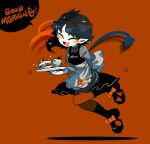 1girl adapted_costume alternate_costume apron arm_behind_back asymmetrical_hair asymmetrical_wings black_hair black_neckwear black_skirt blue_wings bow bowtie cake cake_slice closed_eyes cup english_text enmaided fangs food footwear_bow fork fruit full_body hair_bow holding holding_plate houjuu_nue juliet_sleeves long_hair long_sleeves maid open_mouth plate pointy_ears puffy_sleeves red_background red_bow red_wings see-through_silhouette simple_background skirt smile solo sparkle strawberry teacup tomoe_(symbol) touhou waist_apron wings yt_(wai-tei) 