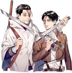  2boys belt black_eyes black_hair blue_jacket brown_belt brown_jacket cloak closed_mouth crossover emblem facial_hair goatee golden_kamuy grey_eyes gun hair_slicked_back highres holding holding_sword holding_weapon jacket jyun_xix levi_(shingeki_no_kyojin) long_sleeves looking_at_another male_focus military military_uniform multiple_boys ogata_hyakunosuke paradis_military_uniform parted_lips rifle scar scar_on_cheek scar_on_face shingeki_no_kyojin shirt short_hair simple_background sling smile survey_corps_(emblem) sword uniform weapon white_background white_cloak white_shirt 