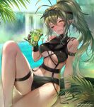  1girl ;d antenna_hair arknights arm_strap bangs bare_legs bare_shoulders black_gloves black_headwear black_swimsuit blush breasts crocodilian_tail cup day drink feet_out_of_frame gavial_(arknights) gloves green_hair head_tilt high_ponytail holding holding_cup knee_up large_breasts lime_slice long_hair looking_at_viewer navel niwatoryyyyyy official_alternate_costume one_eye_closed open_mouth outdoors pointy_ears rainbow sidelocks single_glove sitting smile solo sparkle stomach swimsuit tail thigh_strap twitter_username under_boob very_long_hair visor_cap water waterfall wet yellow_eyes 