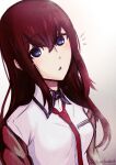  1girl absurdres bangs blue_eyes collared_shirt eyebrows_visible_through_hair hair_between_eyes highres huge_filesize long_hair makise_kurisu necktie red_neckwear redhead shirt solo steins;gate tayutau0a0 triangle_mouth upper_body white_shirt wing_collar 