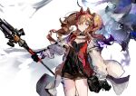  1girl angelina_(arknights) animal_ears arknights brown_hair fox_ears fox_girl gloves headband highres holding holding_weapon jacket looking_to_the_side shorts solo twintails weapon yyb 
