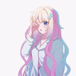  1girl alternate_costume alternate_hairstyle blonde_hair blue_bow blue_hair blue_pajamas blue_shirt bow chouzetsusaikawa_tenshi-chan hair_bow hair_down hand_over_eye long_hair long_sleeves multicolored_hair needy_girl_overdose open_mouth pajamas pink_hair shirt simple_background solo very_long_hair white_background xieee999 