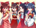  5girls :d apron ascot bangs black_eyes black_hair blunt_bangs blush bow brown_eyes brown_hair closed_mouth commentary_request cookie_(touhou) cowboy_shot detached_sleeves dress eyebrows_visible_through_hair eyes_visible_through_hair food frilled_bow frilled_hair_tubes frills hair_between_eyes hair_bow hair_tubes hakurei_reimu hand_in_hair hari_(suzu_sato) highres hotaruda_(cookie) long_hair looking_at_another looking_at_viewer looking_to_the_side medium_hair midriff_peek minigirl multiple_girls necktie noel_(cookie) open_mouth pink_apron popsicle red_bow red_dress red_shirt red_skirt ribbon-trimmed_sleeves ribbon_trim rurima_(cookie) scarf shinonome_(cookie) shiromiya_rei shirt simple_background skirt smile sweat swept_bangs touhou white_scarf white_sleeves yellow_background yellow_neckwear 