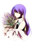  1girl alternate_breast_size black_choker black_shirt blonde_hair bouquet brown_eyes choker colored_inner_hair english_commentary flat_chest flower head_tilt highres holding holding_bouquet hololive hololive_indonesia jacket lavender_(flower) moona_hoshinova multicolored_hair off_shoulder purple_hair retayu_arth shirt sleeveless sleeveless_shirt smile solo upper_body virtual_youtuber white_background white_jacket 