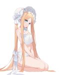  1girl abigail_williams_(fate) abigail_williams_(swimsuit_foreigner)_(fate) absurdres barefoot bikini blonde_hair blue_eyes bonnet fate/grand_order fate_(series) head_tilt highres long_hair looking_at_viewer seiza simple_background sitting solo stomach strapless strapless_bikini swimsuit thighs tubetop very_long_hair white_background white_bikini yubanbanzi 