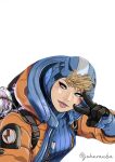  1girl apex_legends artist_name backpack bag bangs blonde_hair blue_eyes blue_headwear blush breasts electricity floating_hair highres hood hooded_jacket jacket john_rauba lichtenberg_figure medium_breasts mole mole_under_eye orange_jacket parted_lips ribbed_sweater scar scar_on_cheek scar_on_face smile solo sweater upper_body v wattson_(apex_legends) white_background 