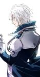  1boy allen_walker closed_mouth coat d.gray-man from_behind gloves highres long_sleeves profile short_hair shumiko_(kamenokoueki) silver_hair simple_background smile solo white_background white_gloves 
