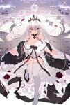  1girl blush breasts bridal_veil choker dress girls_frontline highres kar98k_(girls_frontline) large_breasts long_hair official_alternate_costume red_eyes shoe_removed smile solo soukou_makura tiara veil very_long_hair wedding_dress white_hair 