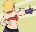  1girl absurdres belt blonde_hair blue_mary crop_top dimples_of_venus fatal_fury fingerless_gloves from_behind gloves highres pointing signature smile solo the_king_of_fighters whoopsatro 