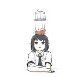  1girl bangs black_hair black_neckwear commentary_request food food_on_head highres necktie object_on_head open_mouth peroponesosu. pointy_ears red_eyes shameimaru_aya shirt short_hair short_sleeves simple_background solo touhou upper_body white_background white_shirt 