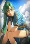  1girl beach blue_sky blush clouds commentary english_commentary fire_emblem green_eyes green_hair head_rest highres leaning_forward light_smile looking_at_viewer lyn_(fire_emblem) maze_draws ocean pelvic_curtain ponytail sky solo thighs twitter_username 