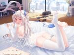  1girl ;p ass bangs bare_arms bare_shoulders barefoot blush breasts cake cang_se_ye_hua changchun_(warship_girls_r) closed_mouth commentary_request dress elbow_gloves eyebrows_visible_through_hair feet feet_up food gloves gun hair_ornament highres large_breasts legs_up long_hair looking_at_viewer looking_back lying no_shoes on_stomach one_eye_closed panties red_eyes revision sidelocks silver_hair single_thighhigh smile soles solo thigh-highs thigh_strap thighs toe_scrunch toes tongue tongue_out underwear warship_girls_r weapon white_dress white_headwear white_legwear white_panties 