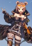 1girl absurdres bare_shoulders breasts bullpup candy choker collarbone double_bun food gas_mask girls_frontline gun highres light_brown_hair medium_breasts off_shoulder p90 p90_(girls_frontline) red_eyes smile solo submachine_gun torn_clothes torn_legwear weapon xanax025 