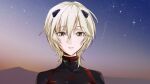  1girl anastasia_(idolmaster) ayanami_rei black_suit chanja cosplay hair_ornament highres idolmaster idolmaster_cinderella_girls idolmaster_cinderella_girls_starlight_stage mountain neon_genesis_evangelion plugsuit short_hair sky star_(sky) starry_sky white_hair 