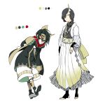  1boy 1girl aoi_sakurako black_hair black_legwear braid brown_eyes brown_hair brown_legwear closed_mouth color_guide green_eyes hair_over_one_eye hair_over_shoulder highres horns long_hair long_sleeves looking_at_viewer multicolored_hair no_shoes original pleated_skirt shoes shorts simple_background single_braid single_horn skirt sleeves_past_wrists smile socks standing stirrup_legwear streaked_hair toeless_legwear white_background white_footwear white_shorts white_skirt wide_sleeves 
