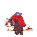  1girl arm_on_head black_footwear black_shirt blue_bow boots bow cape commentary_request disembodied_head full_body hair_bow high_collar long_sleeves negi-mamire pleated_skirt red_cape red_eyes red_skirt redhead sekibanki shirt short_hair simple_background sitting skirt solo touhou white_background 