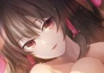  1girl alexzhang bangs brown_hair closed_mouth collarbone eyebrows_visible_through_hair hair_between_eyes hair_tubes hakurei_reimu highres long_hair looking_at_viewer nude red_eyes smile solo touhou 