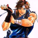  1boy adjusting_clothes adjusting_gloves blue_eyes brown_hair castlevania castlevania:_rondo_of_blood glove_pull gloves highres muscular open_mouth richter_belmont short_hair solo super_smash_bros. taunting white_background 
