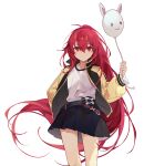  1girl balloon bangs black_jacket black_skirt character_request closed_mouth elsword eyebrows_behind_hair hair_between_eyes holding holding_balloon jacket long_hair long_sleeves looking_at_viewer machi_(7769) open_clothes open_jacket pleated_skirt puffy_long_sleeves puffy_sleeves red_eyes redhead shirt simple_background skirt smile solo very_long_hair white_background white_shirt 