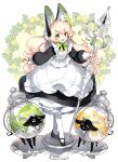  1girl bangs eyelashes flat_chest flower full_body green_eyes highres leaf long_hair long_sleeves nardack open_mouth original panties puffy_sleeves sheep shoes short_eyebrows solo staff underwear white_background 