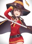  1girl absurdres bangs black_cape black_collar black_gloves black_headwear brown_hair cape collar collarbone cowboy_shot dress fingerless_gloves gloves hat highres kono_subarashii_sekai_ni_shukufuku_wo! long_sleeves looking_at_viewer megumin open_mouth red_dress red_eyes shiny shiny_hair short_dress short_hair_with_long_locks sidelocks simple_background solo staff standing white_background witch_hat zero0ex 