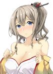  1girl bare_shoulders blush breasts collarbone frown gin&#039;ichi_(akacia) hatakaze_(kancolle) japanese_clothes kantai_collection large_breasts light_brown_hair medium_hair off_shoulder solo tied_hair 