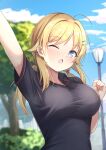  1girl ;o absurdres ahoge arm_up asashin_(asn) bangs black_shirt blonde_hair blue_eyes blue_sky blurry blurry_background breasts collared_shirt commentary_request day depth_of_field eyebrows_visible_through_hair hachimiya_meguru hair_ornament hairclip highres idolmaster idolmaster_shiny_colors lamppost large_breasts long_hair low_twintails one_eye_closed open_mouth outdoors parted_bangs shirt short_sleeves sky solo star_(symbol) star_hair_ornament sweat tree twintails upper_body 