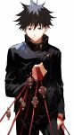  1boy absurdres black_eyes black_hair black_jacket black_pants buttons charm_(object) clenched_hand cowboy_shot fushiguro_megumi gakuran highres holding holding_rope jacket jujutsu_kaisen looking_down male_focus newo_(shinra-p) pants red_rope rope school_uniform short_hair simple_background solo spiky_hair white_background 