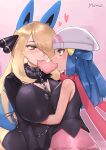 2girls absurdres beanie blonde_hair blue_hair breasts cosplay cynthia_(pokemon) hikari_(pokemon) eye_contact fur_collar gen_4_pokemon hair_over_one_eye hat heart-shaped_food highres huge_breasts leash looking_at_another lucario lucario_(cosplay) multiple_girls norza pet_play pokemon pokemon_(game) pokemon_dppt pokemon_ears red_scarf scarf shared_food smile upper_body yuri 