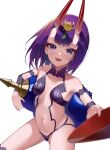  1girl :d absurdres bangs bare_shoulders bisco_(bisco_art) bob_cut breasts cup eyelashes eyeliner fangs fate/grand_order fate_(series) headpiece highres horns jewelry looking_at_viewer makeup mascara oni oni_horns open_mouth purple_hair revealing_clothes sakazuki short_hair shuten_douji_(fate) simple_background sitting skin-covered_horns small_breasts smile solo violet_eyes white_background 