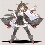  1girl absurdres ahoge black_ribbon brown_hair hair_rings highres inica kantai_collection kongou_(kancolle) long_hair nontraditional_miko outstretched_arm ribbon rigging sidelocks solo thigh-highs thighs wide-eyed zettai_ryouiki 