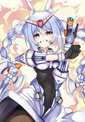  1girl absurdres adapted_costume animal_ear_fluff animal_ears bangs black_gloves black_leotard blue_hair braid bunny-shaped_pupils carrot_hair_ornament contrapposto covered_navel don-chan_(usada_pekora) food_themed_hair_ornament gloves grin gundam hair_ornament highres hikimayu hololive ikyuu_nori leotard long_hair looking_at_viewer mecha_musume multicolored_hair orange_eyes pantyhose pekodam playboy_bunny rabbit_ears short_eyebrows smile solo swept_bangs thick_eyebrows twin_braids twintails two-tone_hair upper_body usada_pekora v-shaped_eyebrows white_hair 