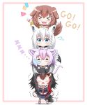  &gt;_&lt; 4girls :3 =_= absurdres animal_ears black_hair black_shirt black_skirt blush border brown_hair cat_ears cat_girl cat_tail chibi dog_ears dog_girl dog_tail english_commentary eyebrows_visible_through_hair fox_ears fox_girl fox_tail hair_between_eyes hands_on_another&#039;s_head highres hololive hololive_gamers hood hoodie human_tower inugami_korone jacket looking_at_viewer multicolored_hair multiple_girls nekomata_okayu nose_bubble notice_lines ookami_mio pleated_skirt purple_hair redhead riretsuto shirakami_fubuki shirt simple_background skirt sleeping stacking sweatdrop tail trembling two-tone_hair virtual_youtuber white_background white_hair white_hoodie wolf_ears wolf_girl wolf_tail yellow_jacket zzz 