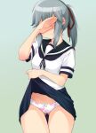  1girl breasts collarbone covered_eyes covering_eyes highres kantai_collection kawamura_tsukasa medium_breasts panties sailor_collar school_uniform serafuku shaded_face short_sleeves skirt skirt_lift solo underwear 