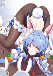  1girl animal_ear_fluff animal_ears ass backless_leotard bangs black_leotard blue_hair blush braid bunny_tail carrot_hair_ornament eyelashes fine_fabric_emphasis food_themed_hair_ornament hair_ornament head_rest highres hololive leotard lewdlux long_hair looking_at_viewer multicolored_hair multiple_others nousagi_(usada_pekora) o3o orange_eyes patreon_username playboy_bunny puckered_lips rabbit_ears rabbit_girl solo_focus strapless strapless_leotard swept_bangs tail thick_eyebrows top-down_bottom-up twin_braids twintails two-tone_hair usada_pekora virtual_youtuber white_hair 