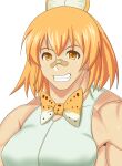  1girl animal_ears bandaid bandaid_on_nose bow bowtie grin highres kemono_friends looking_at_viewer medium_hair muscular muscular_female orange_eyes orange_hair orange_neckwear serval_(kemono_friends) serval_ears shirt simple_background sleeveless sleeveless_shirt smile solo taka_(takahirokun) upper_body white_background white_shirt 